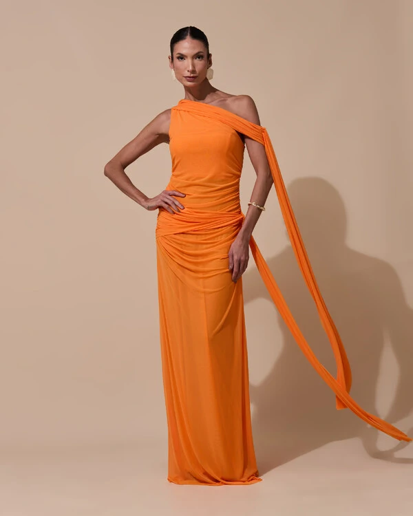 Vestido de Festa Longo Um Ombro Só Tule Faixa Drapeada Lenço Laranja New