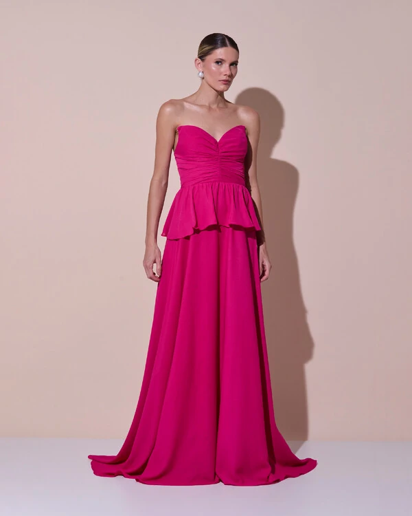 Vestido de Festa Longo Crepe Chiffon Tomara que Caia Peplum Drapeado Pink Escuro
