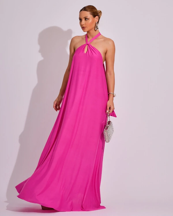 Vestido Longo com Amarração em Malha Pink
