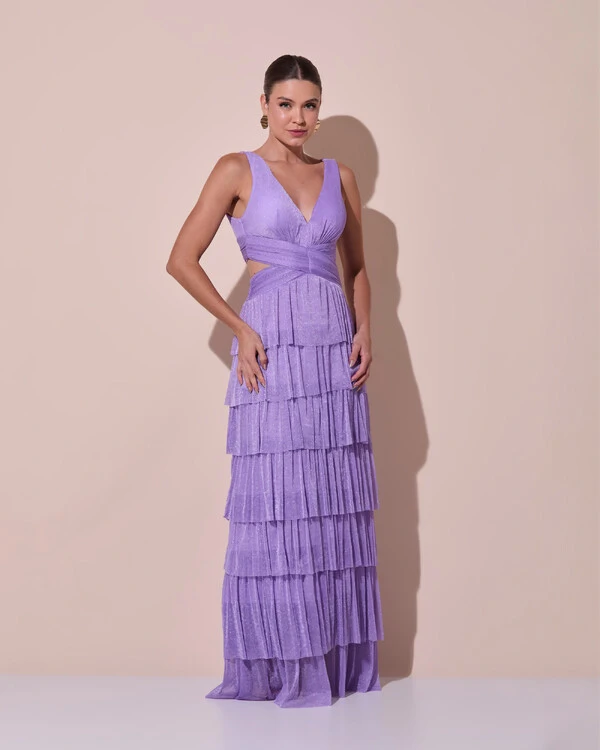 Vestido De Festa Longo Decote V Tule Brilho Recortes Camadas Lilás