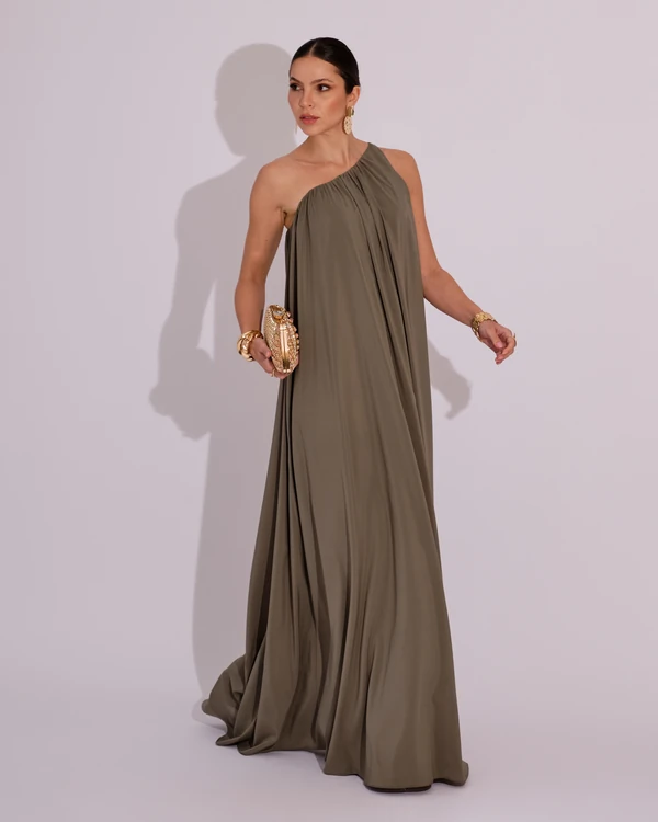Vestido de Festa Longo Crepe Fluido um Ombro Só com Lenço Verde Oliva