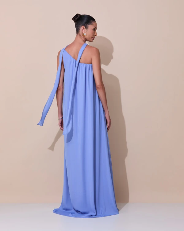 Vestido de Festa Longo Crepe Fluido um Ombro Só com Lenço Azul Atlantis