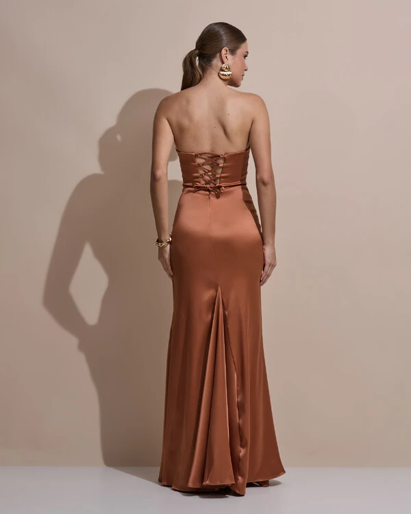 Vestido De Festa Longo Tomara Que Caia Drapeado Cetim Alfaiataria Trançado Costas Mocha Mousse