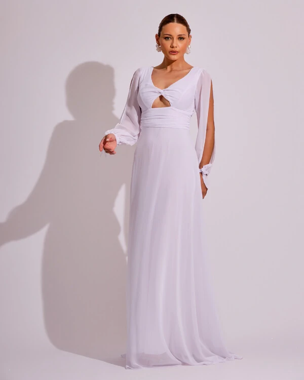 Vestido de Festa Longo com Mangas Longas Cintura Drapeada Branco