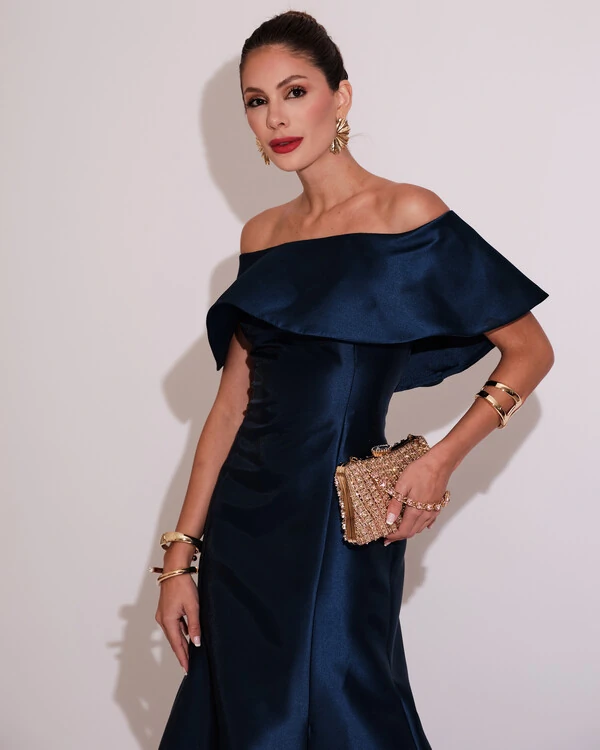 Vestido de Festa Longo Ombro a Ombro Zibeline com Babado Azul Marinho