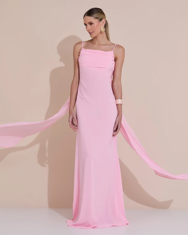 Vestido de Festa Longo Crepe Chiffon Costas Lenço Cauda Rosa Claro
