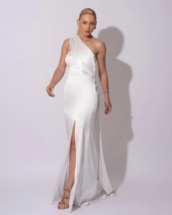 Vestido de Festa Longo Cetim Alfaiataria Tomara que Caia com Faixa Lenço Branco