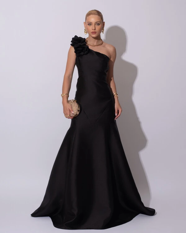 Vestido de Festa Longo Zibeline um Ombro Só Flor Removível Saia Sereia Preto