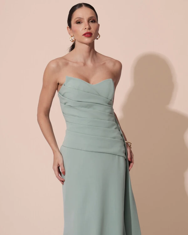 Vestido de Festa Longo Alfaiataria Tomara que Caia Drapeado Faixa Verde Menta