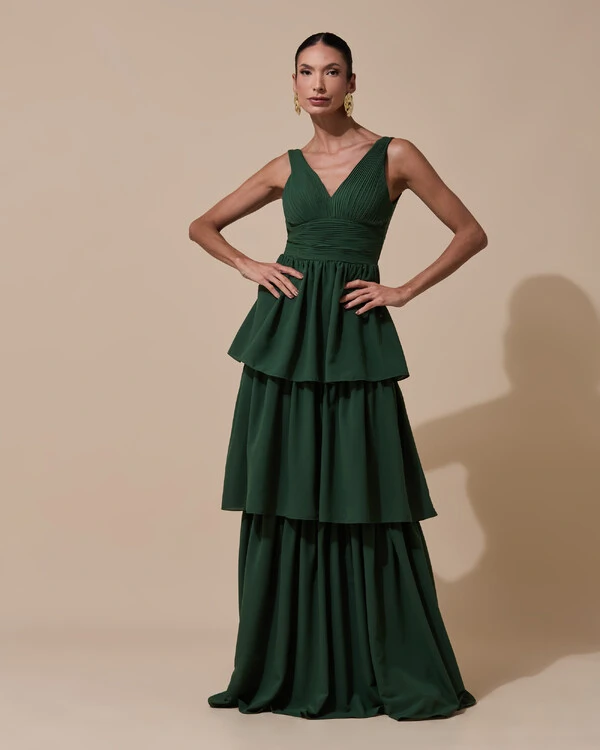 Vestido de Festa Longo Decote V Crepe Chiffon Plissado Camadas Babado Verde Militar