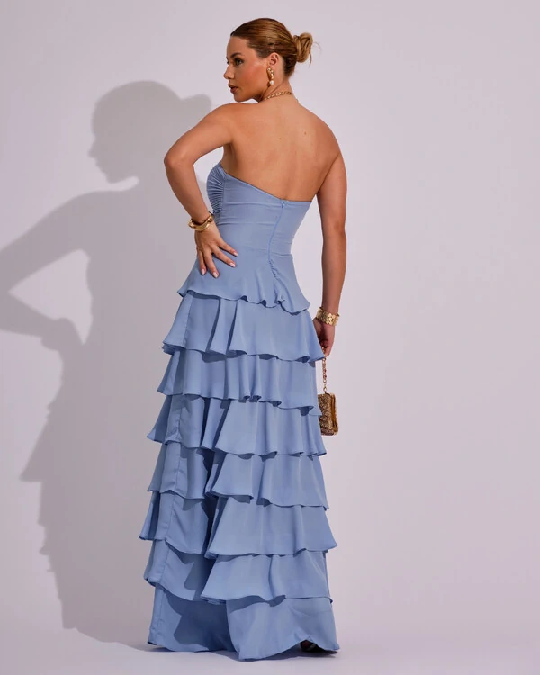 Vestido Longo Crepe Chiffon Tomara que Caia Plissado em Camadas Serenity