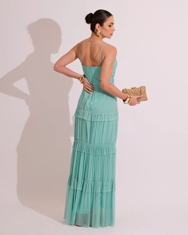 Vestido de Festa Longo Tule com Saia Babado Tiffany