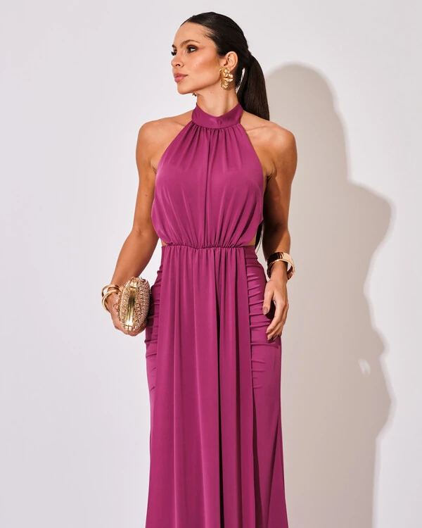 Vestido de Festa Longo Malha Jersey Gola Alta Saia Sereia Fúcsia Beterraba