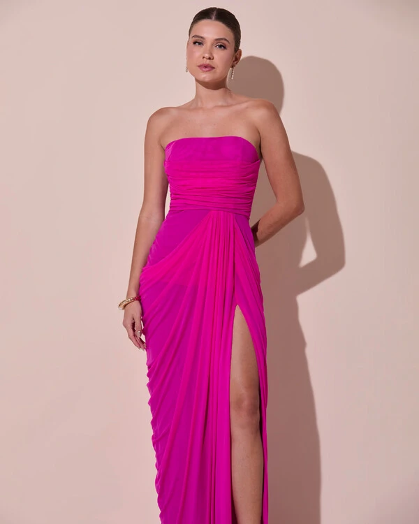 Vestido De Festa Longo Tomara que Caia Tule Drapeado Fenda Pink New