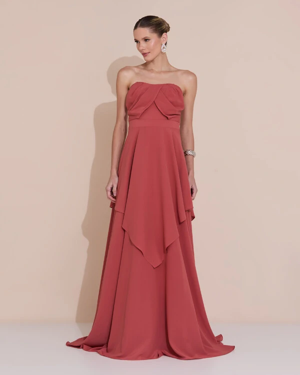 Vestido de Festa Longo Tomara que Caia Crepe Chiffon Drapeado Camadas Terracota