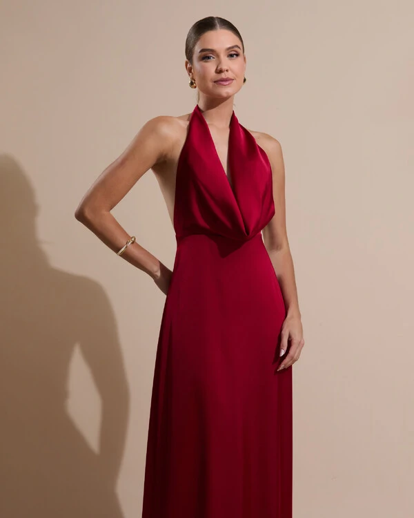 Vestido de Festa Longo Frente Única Degagê Cetim Fluido Marsala