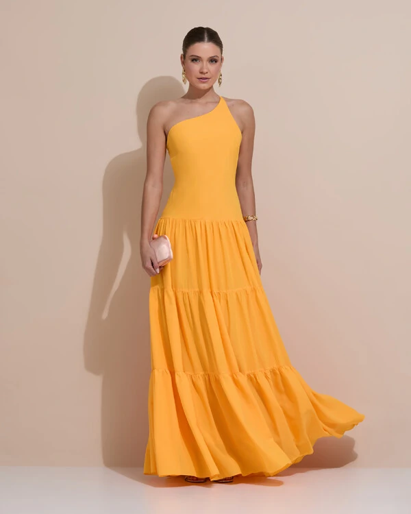 Vestido de Festa Longo Um ombro Só Crepe Chiffon Saia Fluida Laranja Manga New