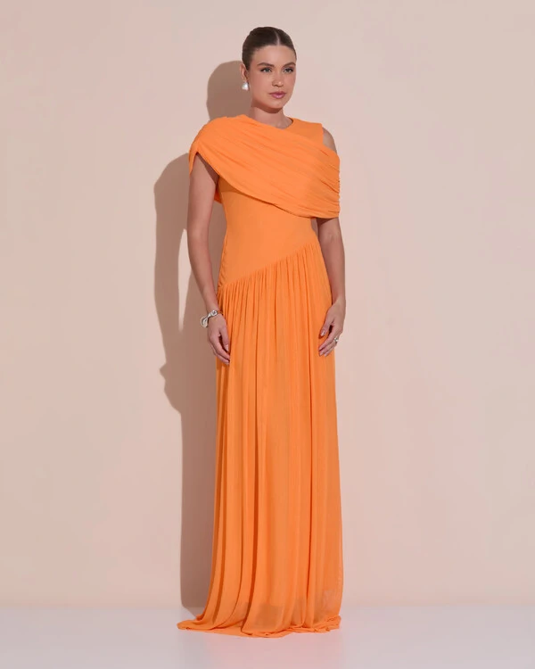 Vestido de Festa Longo Capa Drapeado Tule Saia Fluida Laranja New