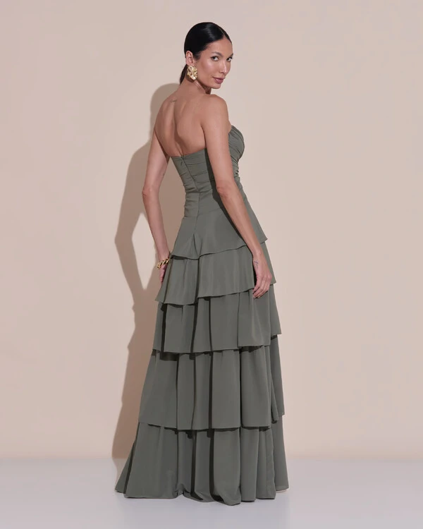 Vestido de Festa Longo Tomara que Caia Drapeado Crepe Chiffon Babados Camadas Verde Oliva