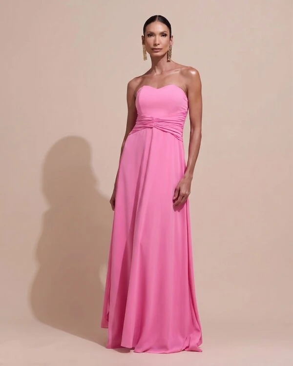 Vestido de Festa Longo Tomara Que Caia Crepe Chiffon Drapeado Capa Rosa