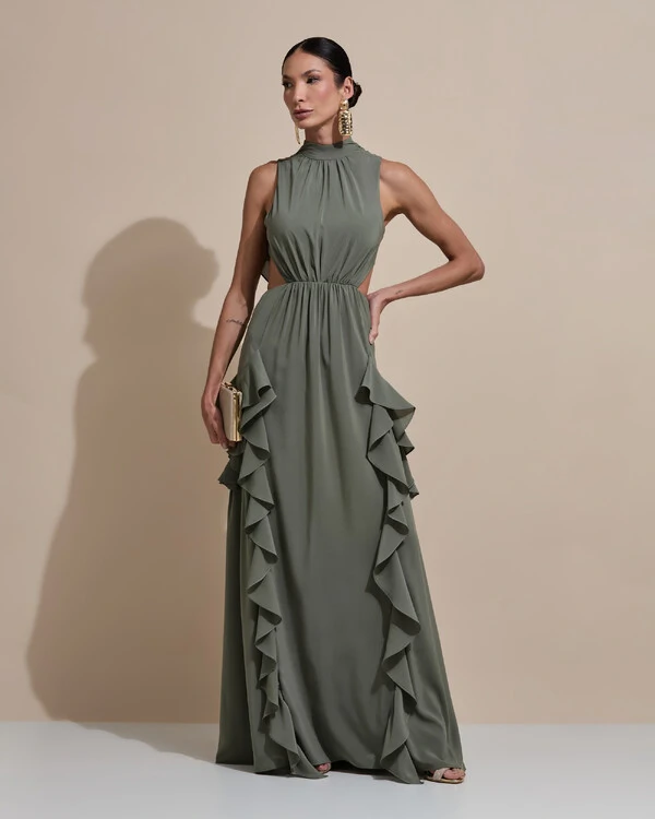 Vestido de Festa Longo Gola Alta Crepe Chiffon Recortes Babados Cascata Verde Oliva