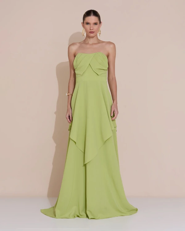 Vestido de Festa Longo Tomara que Caia Crepe Chiffon Drapeado Camadas Verde Claro