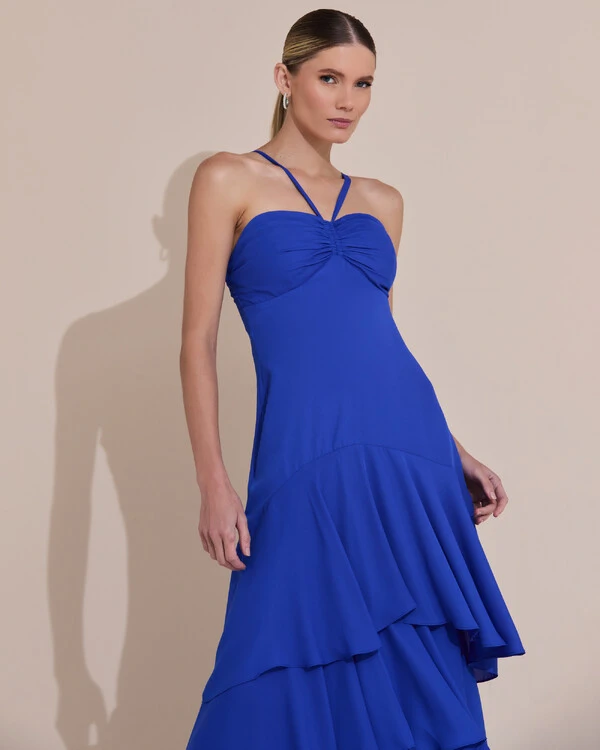 Vestido Longo Crepe com Babado em Camadas Azul Royal