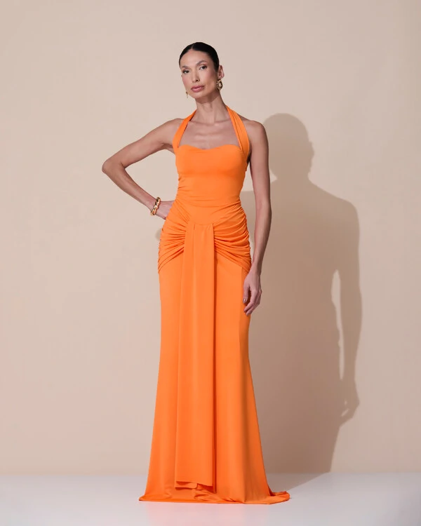 Vestido de Festa Longo Decote Coração Malha Jersey Drapeado Costas Trançada Laranja