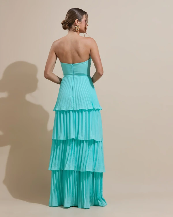 Vestido de Festa Longo Tomara que Caia Crepe Chiffon Plissado Camadas Tiffany