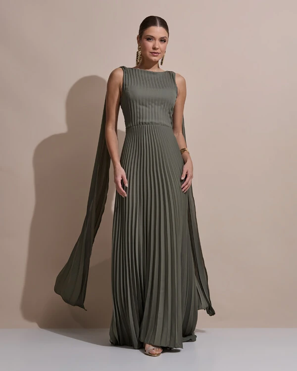 Vestido de Festa Longo Crepe Chiffon Plissado com Lenço nas Alças Verde Oliva