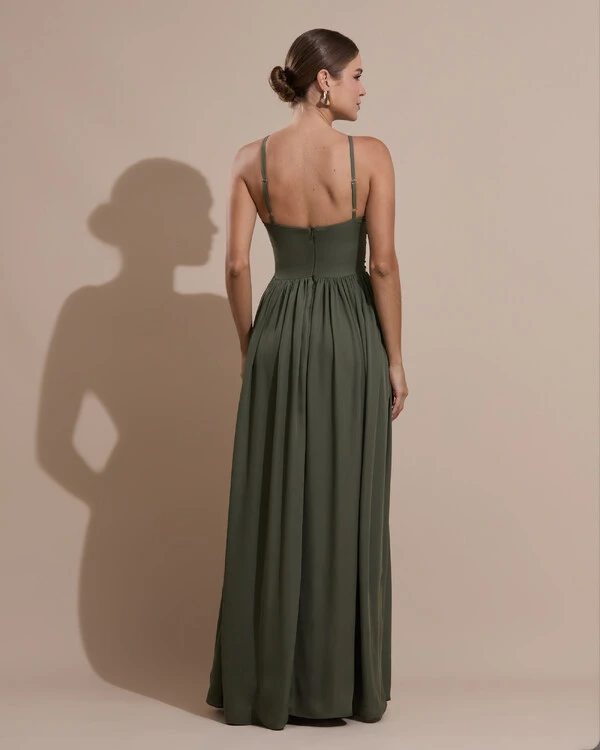 Vestido de Festa Longo Crepe Chiffon Drapeado com Alças Finas Verde Oliva