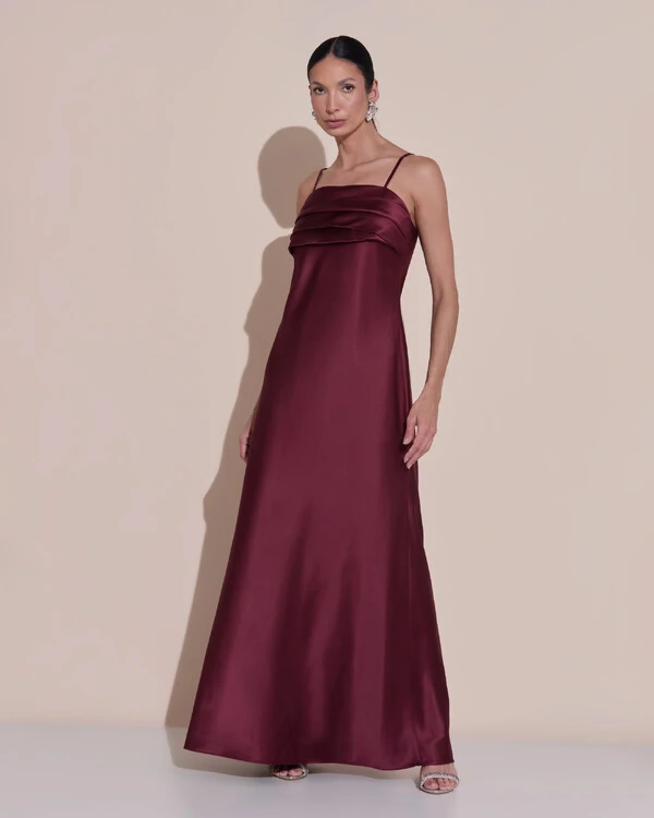 Vestido de Festa Midi Drapeado Cetim Marsala