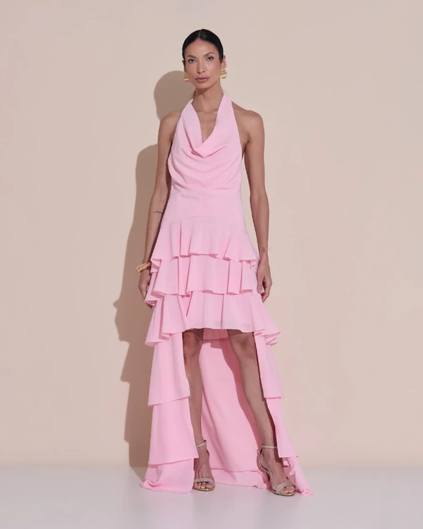 Vestido De Festa Longo Frente Única Degagê Crepe Chiffon Babados Mullet Rosa Claro