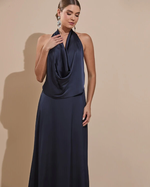 Vestido de Festa Longo Cetim Fluido Frente Única Degagê Mil Formas Azul Marinho