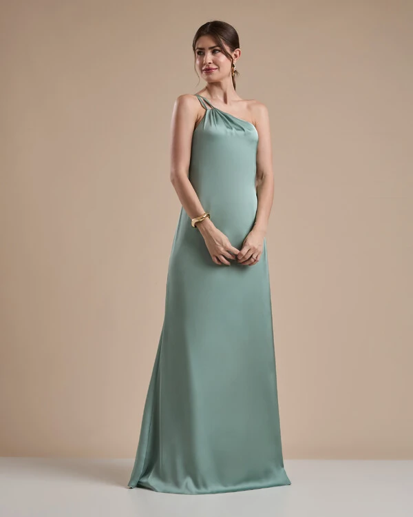 Vestido de Festa Longo em Cetim Fluido um Ombro Só com Lenço Verde Menta