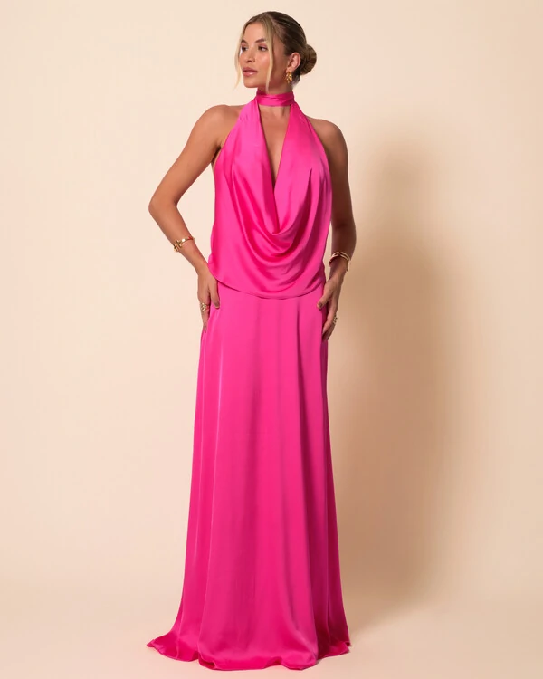 Vestido de Festa Longo Cetim Fluido Frente Única Degagê Mil Formas Pink New