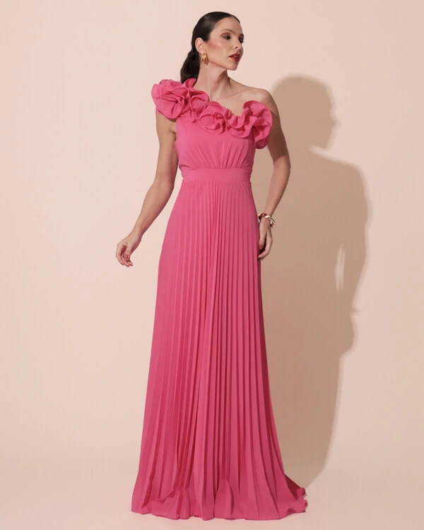 Vestido de Festa um Ombro Só Flor Saia Plissado Pink New