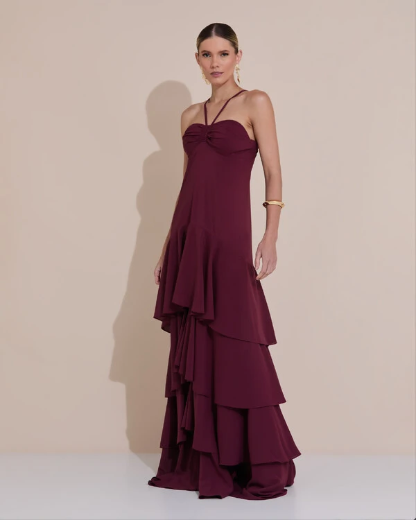 Vestido Longo Crepe com Babado em Camadas Marsala