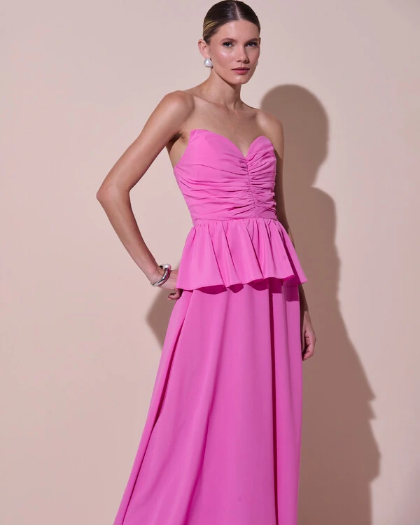 Vestido de Festa Longo Crepe Chiffon Tomara que Caia Peplum Drapeado Rosa New