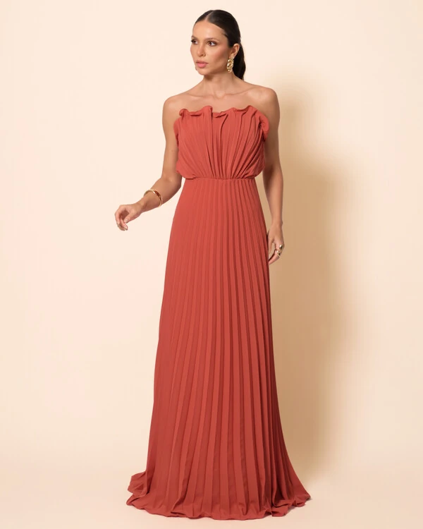 Vestido de Festa Longo Tomara que Caia Plissado Detalhe Terracota