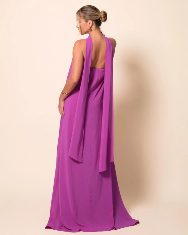 Vestido de Festa Longo Crepe Tomara que Caia com Lenço Fúcsia