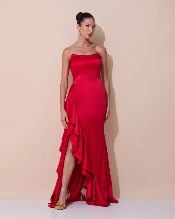 Vestido de Festa Longo Tomara que Caia Cetim Babado Fenda Vermelho