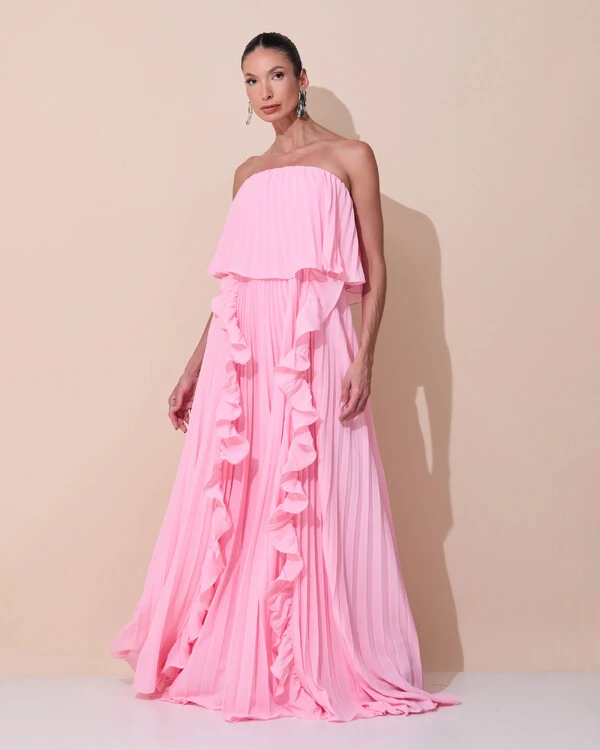 Vestido de Festa Longo Crepe Chiffon Tomara que Caia Plissado com Babado Cascata Rosa Claro