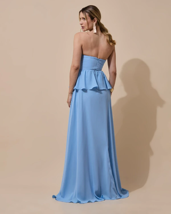 Vestido de Festa Longo Crepe Chiffon Tomara que Caia Peplum Drapeado Serenity