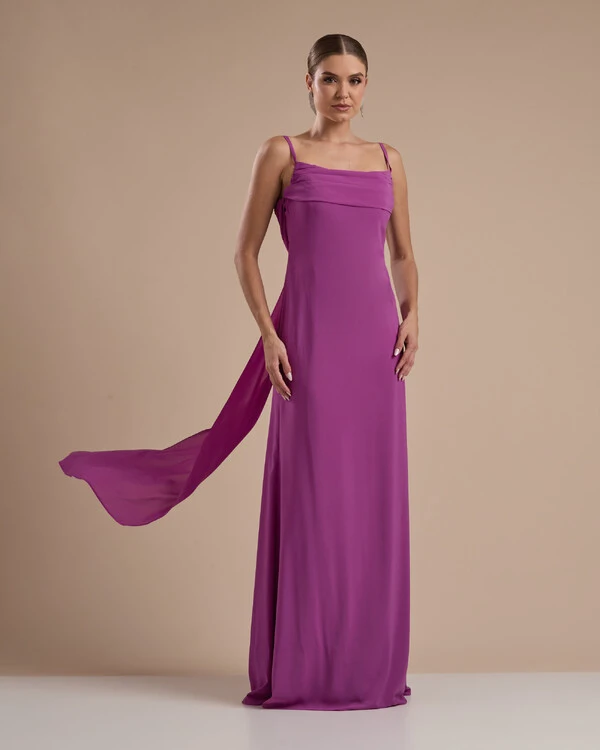 Vestido de Festa Longo Crepe Chiffon Costas Lenço Cauda Fúcsia