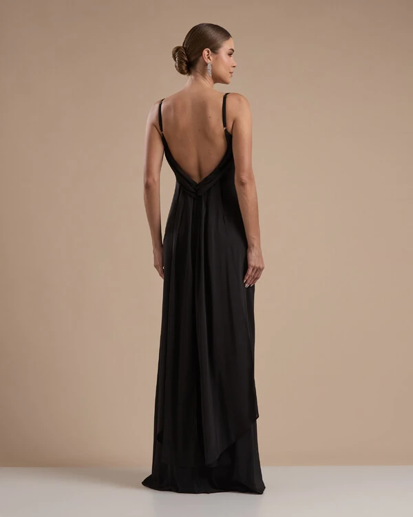 Vestido de Festa Longo Crepe Chiffon Costas Lenço Cauda Preto
