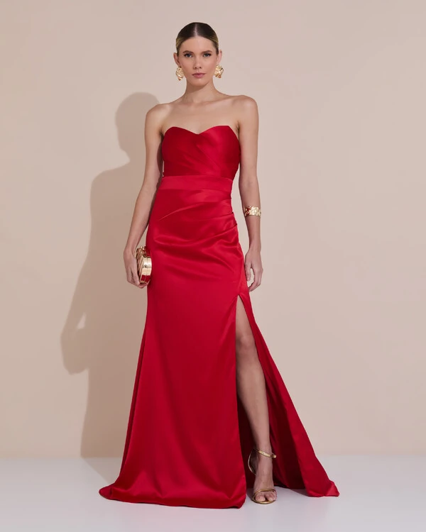 Vestido de Festa Longo Cetim Alfaiataria Tomara que Caia Fenda Vermelho Escuro