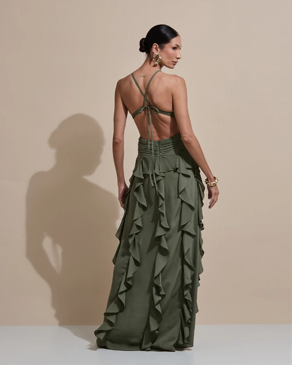Vestido de Festa Longo Decote V Recortes Drapeado Crepe Chiffon Babados Cascata Verde Oliva