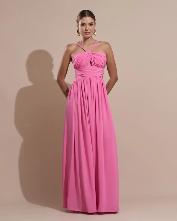 Vestido de Festa Longo Crepe Chiffon Drapeado com Alças Finas Rosa