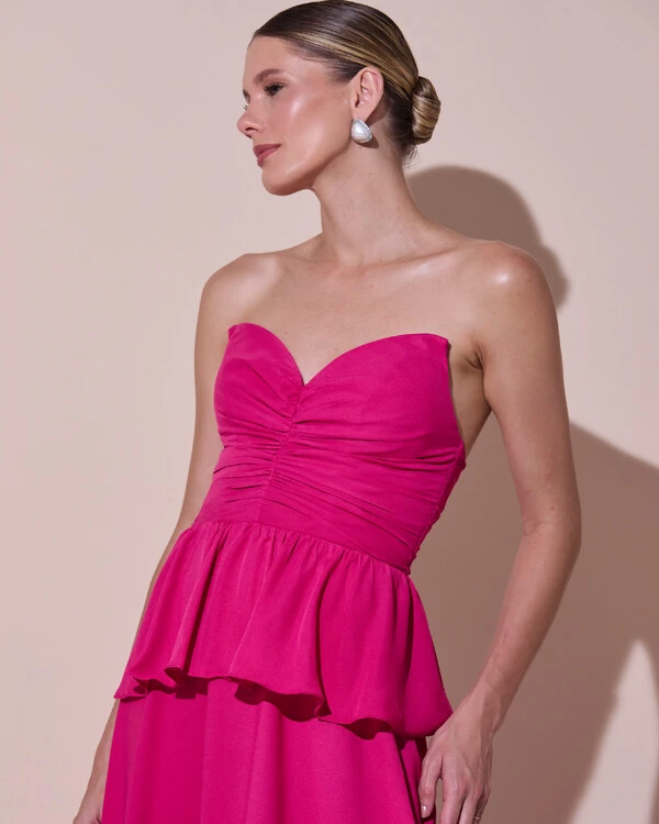 Vestido de Festa Longo Crepe Chiffon Tomara que Caia Peplum Drapeado Pink Escuro
